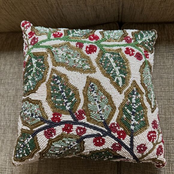 Cherish The Season Holly & Berry Beaded Accent Pillow Christmas Decor 13” X 13” - Picture 8 of 8